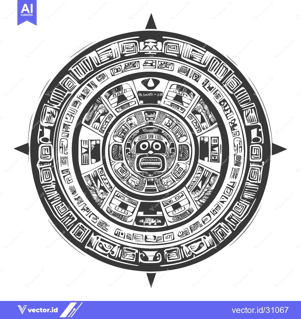 Premium Vector dari Circular Aztec Design with Central Face and Symbolic Motifs