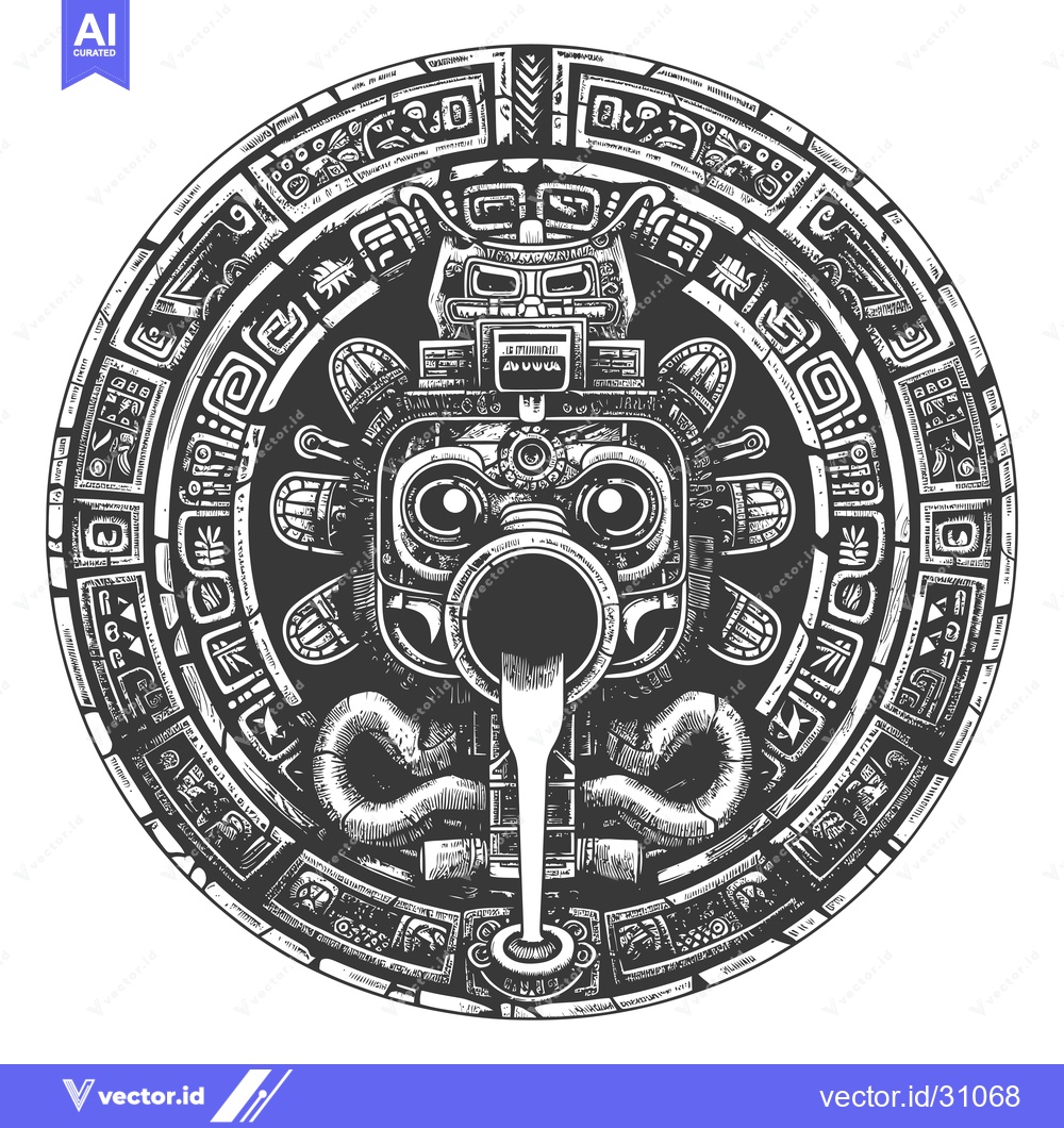 Premium Vector dari Circular Aztec Design with Central Face and Symbolic Motifs