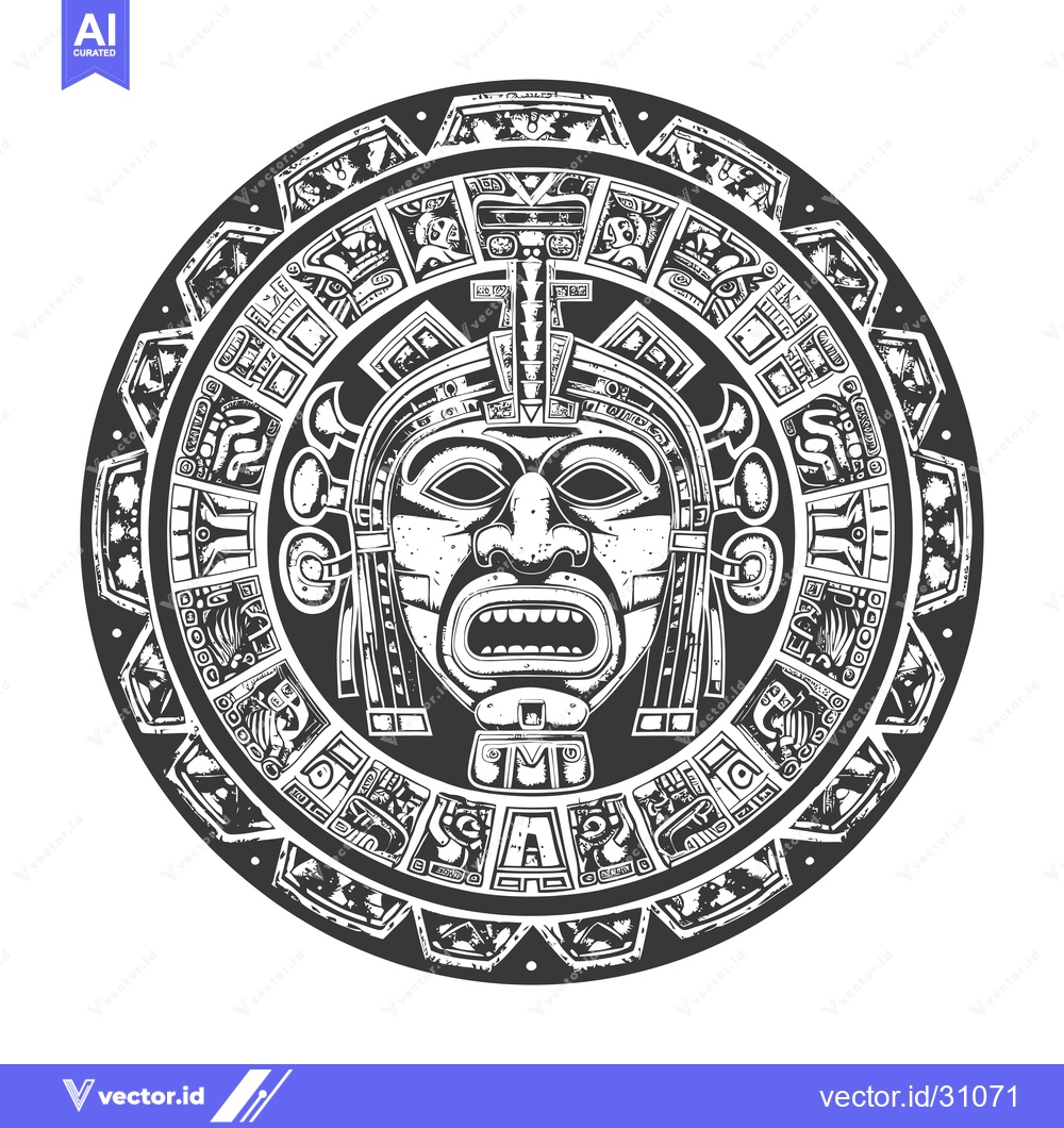 Premium Vector of Circular Aztec Design with Central Mask and Detailed Border