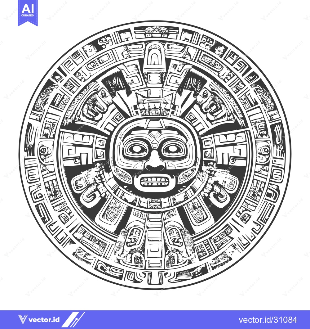 Premium Vector of Circular Aztec-Inspired Design Featuring a Detailed Face in the Center