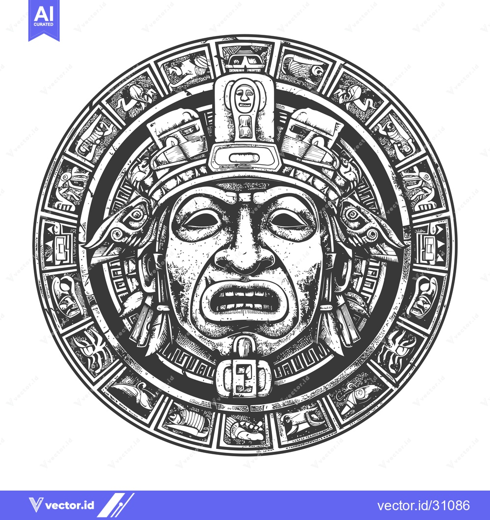 Premium Vector of Circular Aztec Mask with Intricate Design and Animals