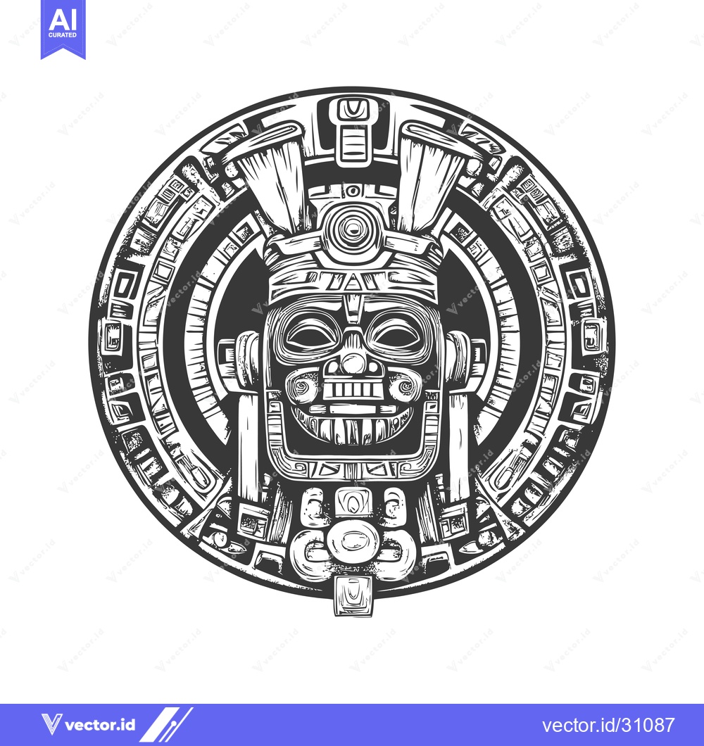 Premium Vector of Circular Aztec Mask with Intricate Designs and Symbolism