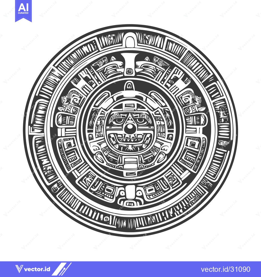 Premium Vector of Circular Aztec-Style Design with a Central Face and Multiple Rings of