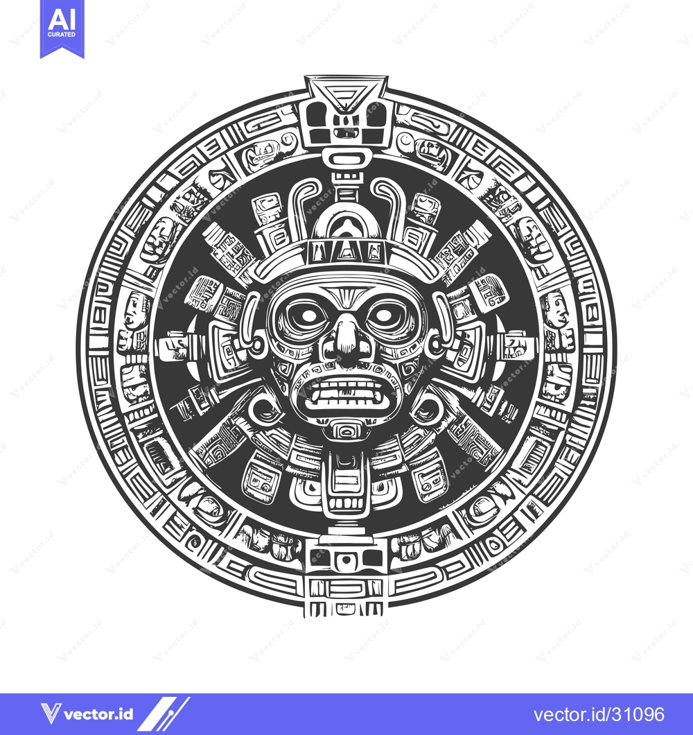Premium Vector dari Circular Aztec Sun God with Intricate Patterns and Fangs