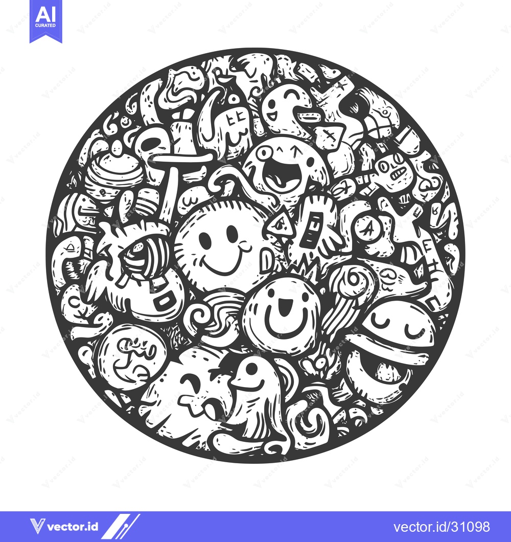 Premium Vector dari Circular Black and White Doodle with Multiple Smiling Characters