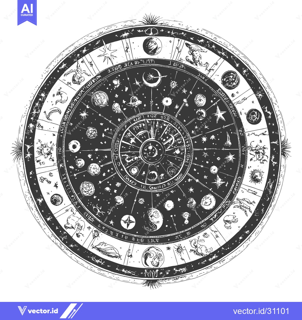 Premium Vector dari Circular Celestial Map with Zodiac Signs and Stars