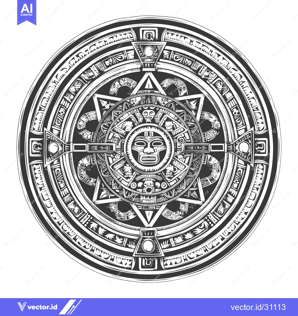 Premium Vector of Circular Design with a Central Mask and Intricate Aztec Patterns
