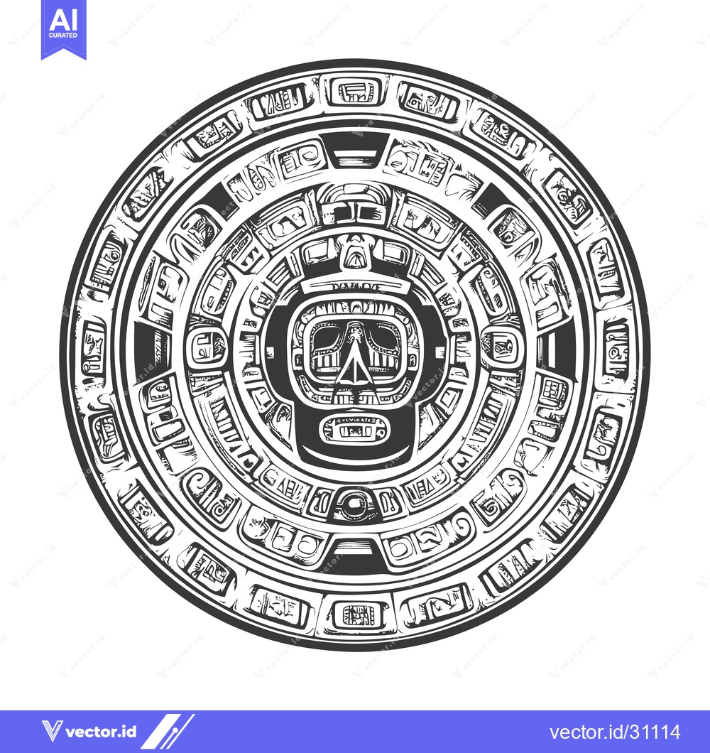 Premium Vector of Circular Design with a Central Mayan Face and Glyphs