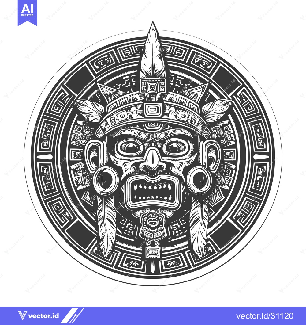Premium Vector of Circular Design with Aztec Mask, Feathers, and Geometric Patterns