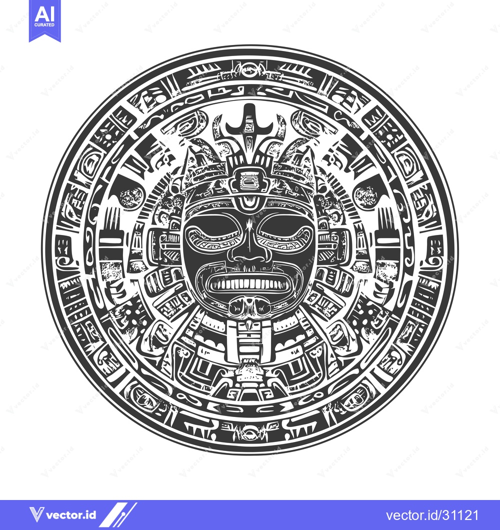 Premium Vector dari Circular Design with Central Mayan Mask and Geometric Patterns