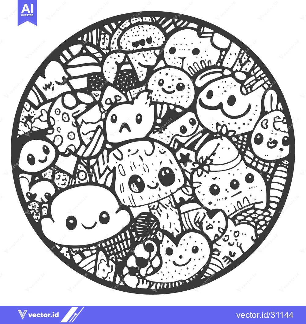 Premium Vector of Circular Doodle of Cute Cartoon Characters and Patterns