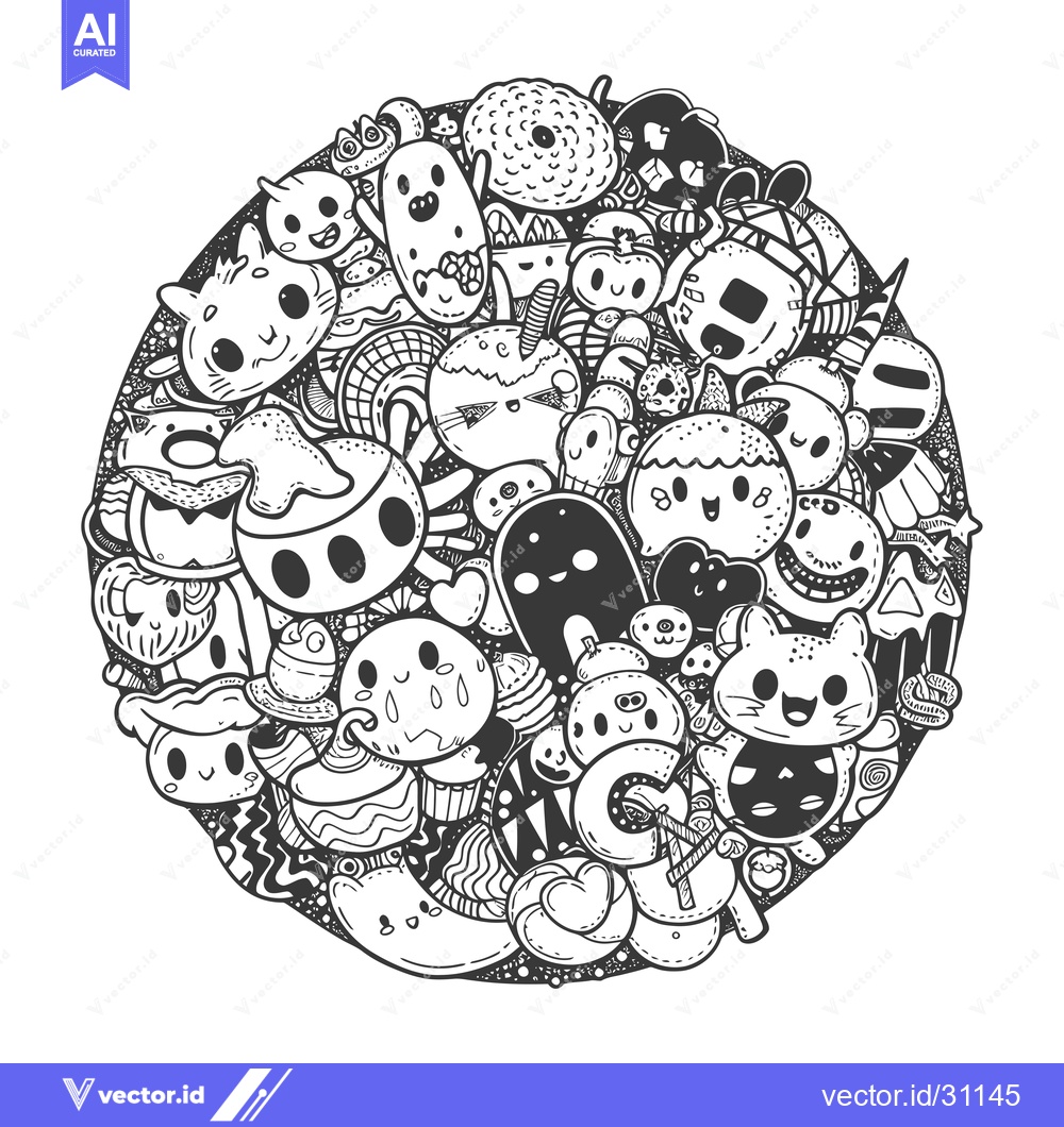 Premium Vector dari Circular Doodle with Various Cute Characters and Objects