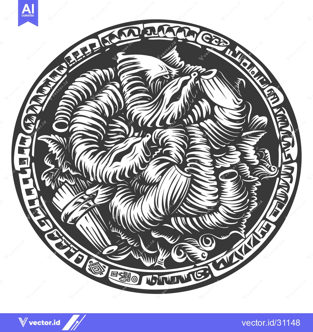 Premium Vector of Circular Emblem with Intricate Design Featuring a Dragon-Like Creature