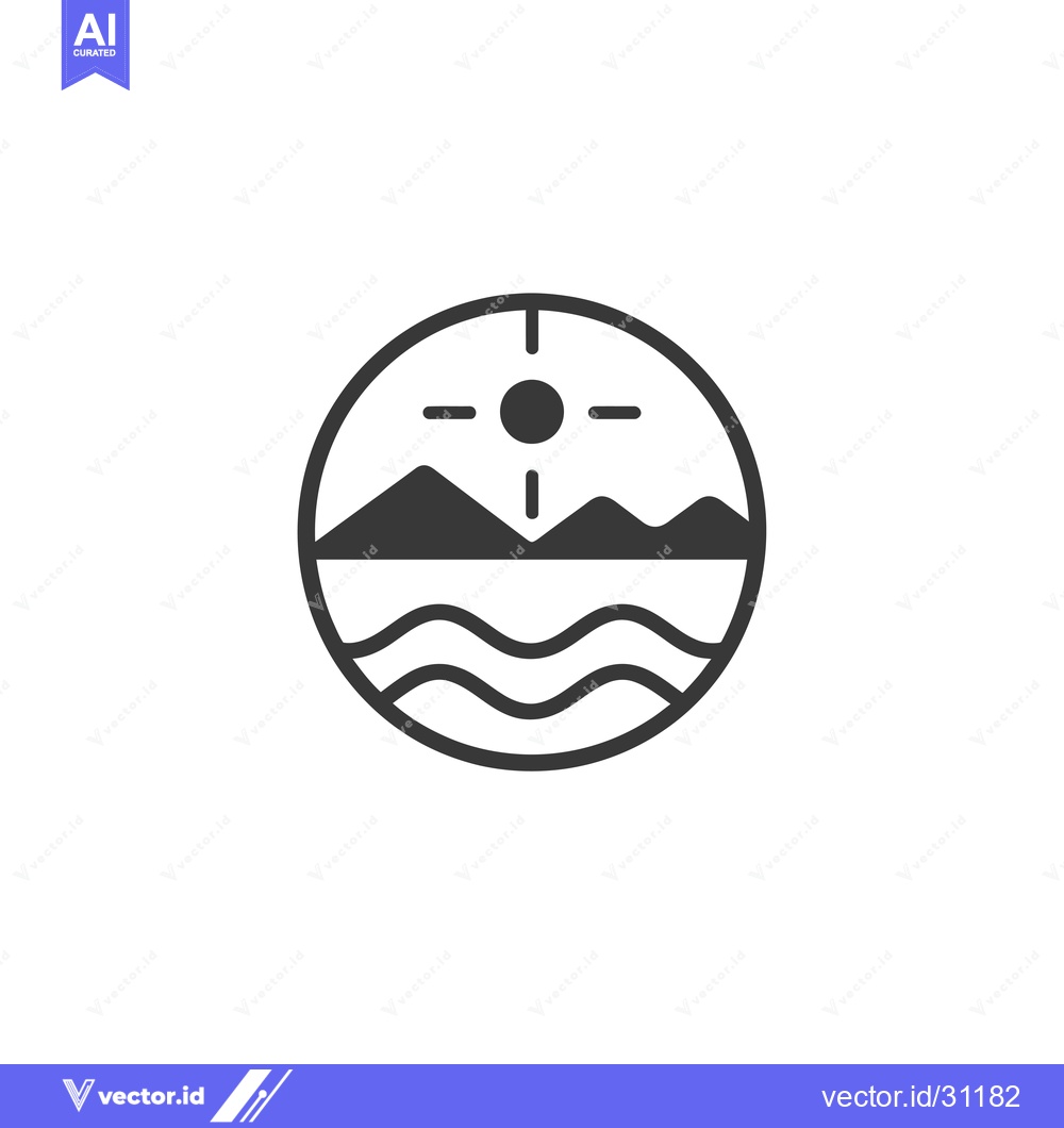 Premium Vector dari Circular Icon Depicting a Mountain Landscape with Sun and Waves