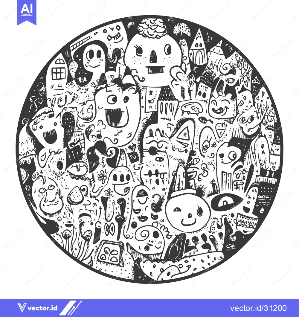 Premium Vector dari Circular Illustration of Whimsical Black and White Doodle Creatures
