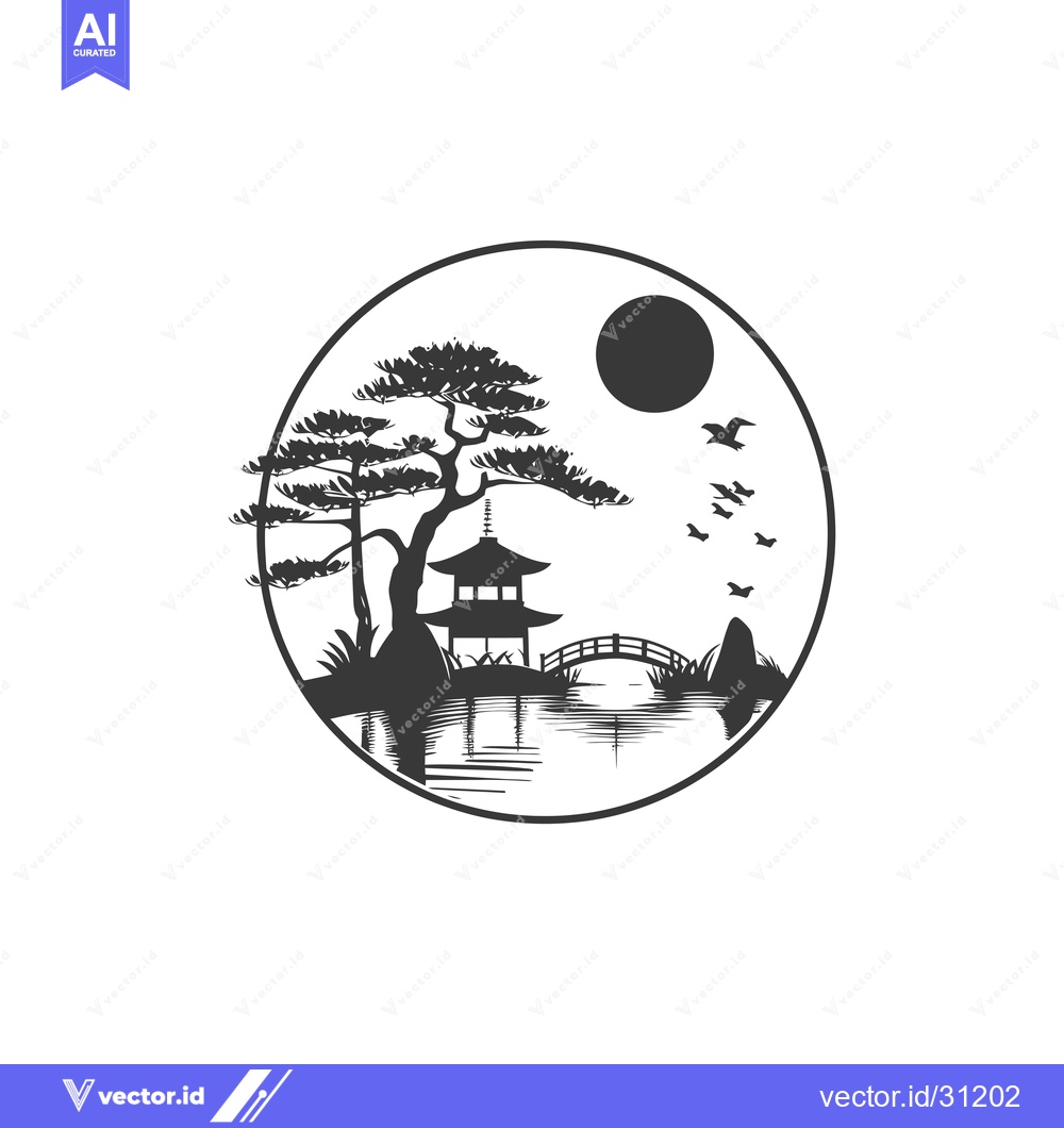 Premium Vector of Circular Japanese Garden Scene with Pagoda, Tree, Bridge, and Birds