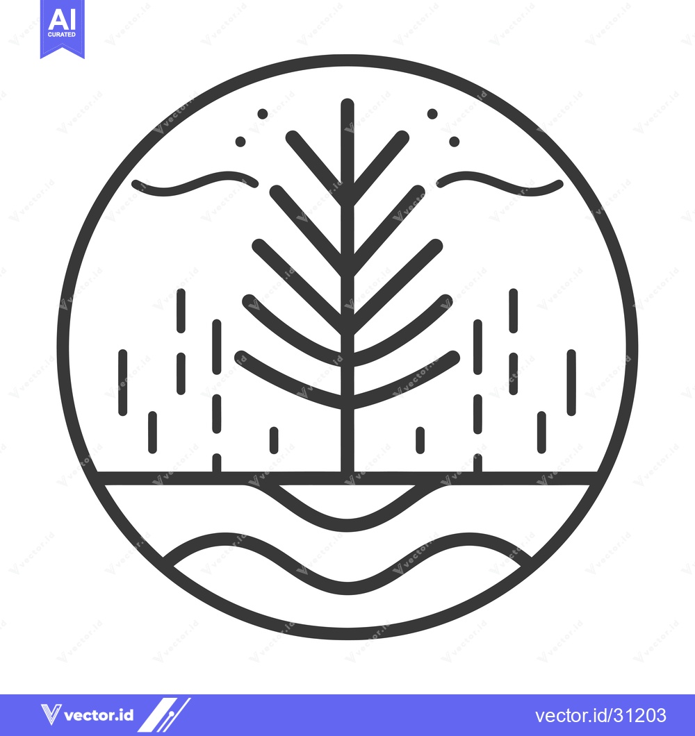 Premium Vector of Circular Line Art Depicting a Tree with Waves and Rain