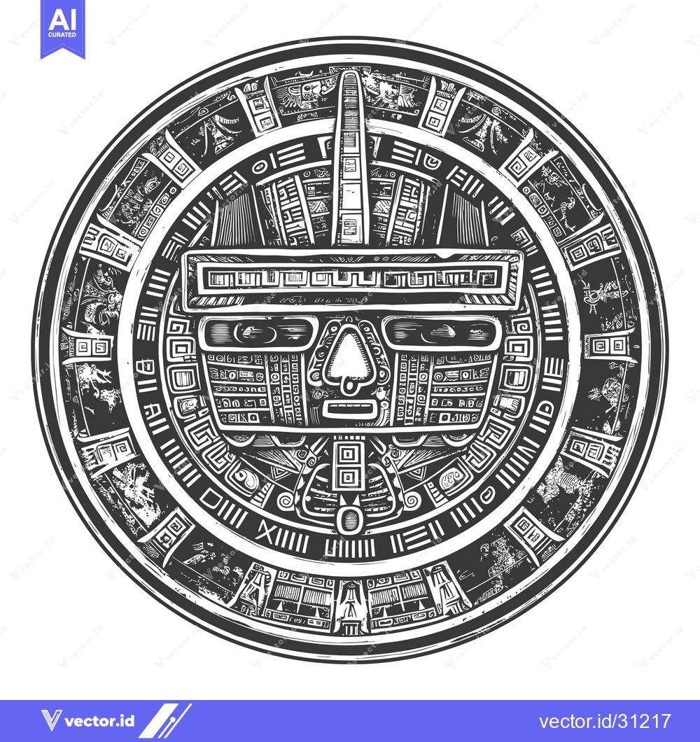 Premium Vector dari Circular Mayan Design with Central Face and Geometric Patterns