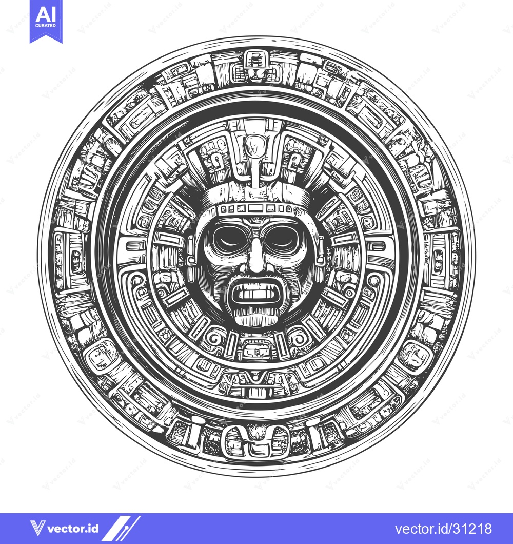 Premium Vector dari Circular Mayan Glyph with Fanged Face