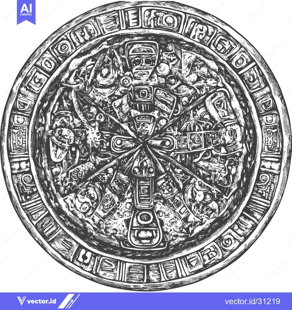 Premium Vector dari Circular Mayan Relief Carving with Symbolic Figures