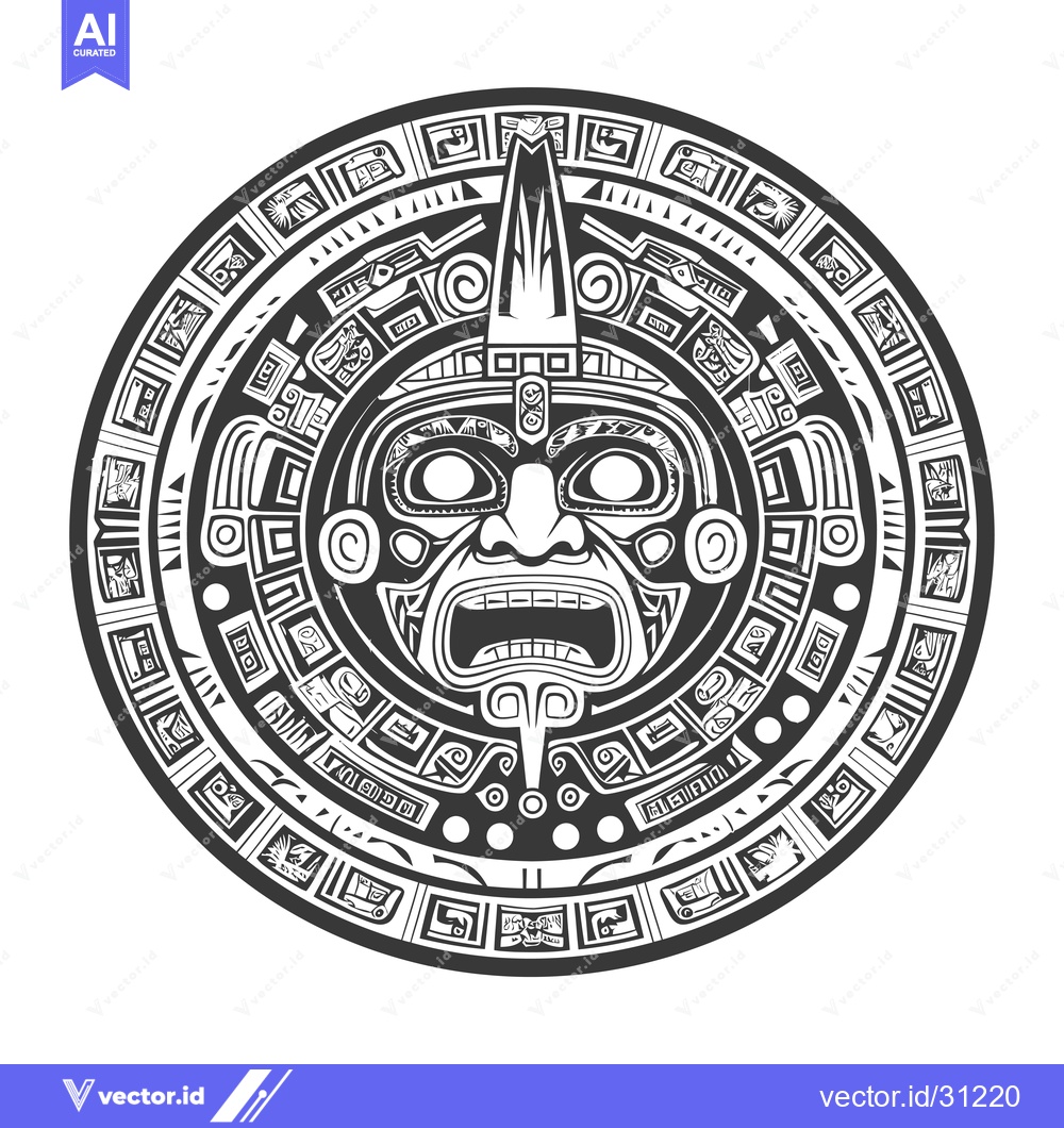 Premium Vector dari Circular Mayan-Style Design with a Detailed Face in the Center