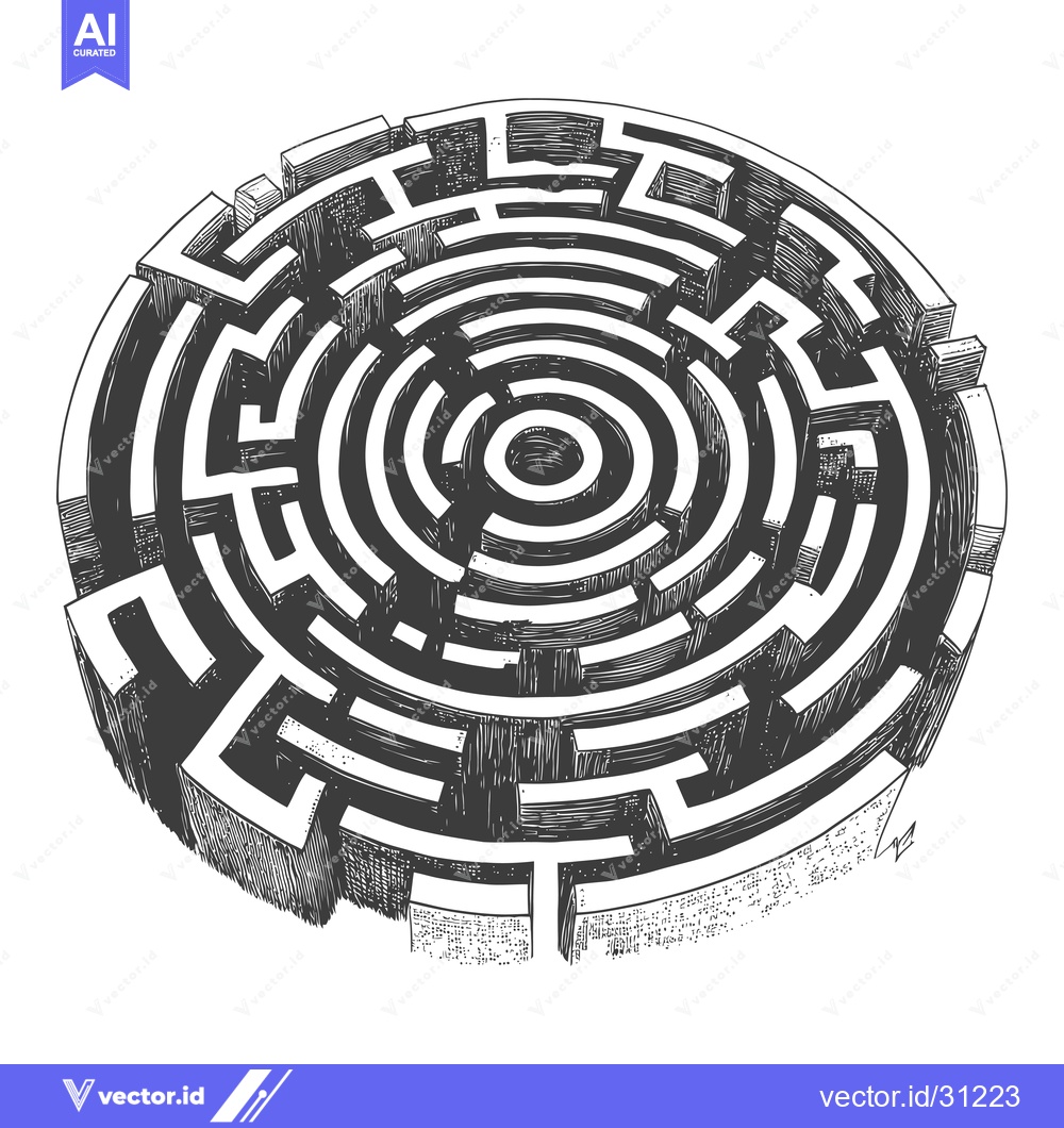 Premium Vector dari Circular Maze with Central Hole Hand Drawn in Black and White