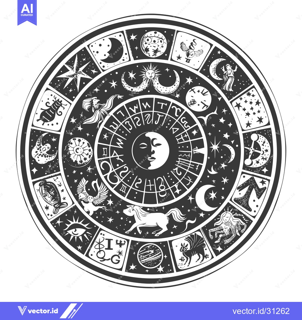 Premium Vector dari Circular Zodiac Chart with Black and White Illustrations of Zodiac Sig