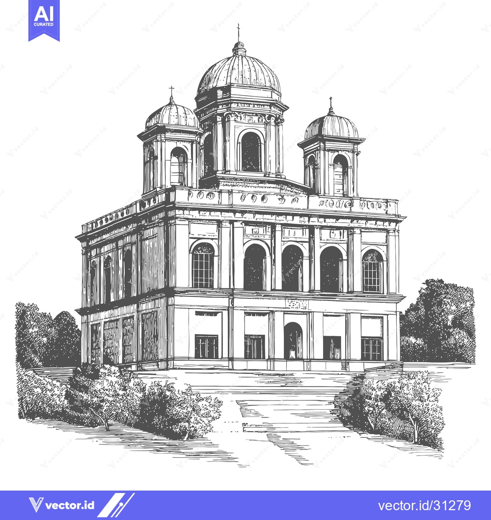 Premium Vector of Elegant Church Architectural Drawing With Landscaping