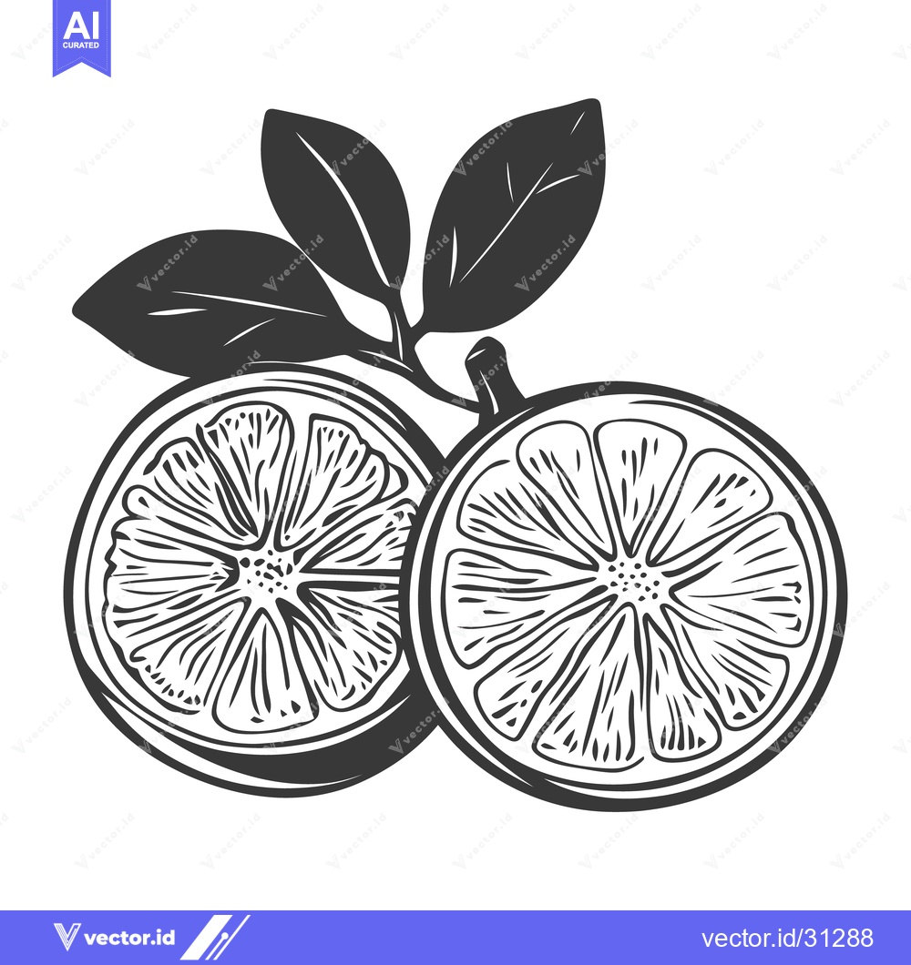 Premium Vector of Two citrus halves and leaves are displayed in monochrome illustration