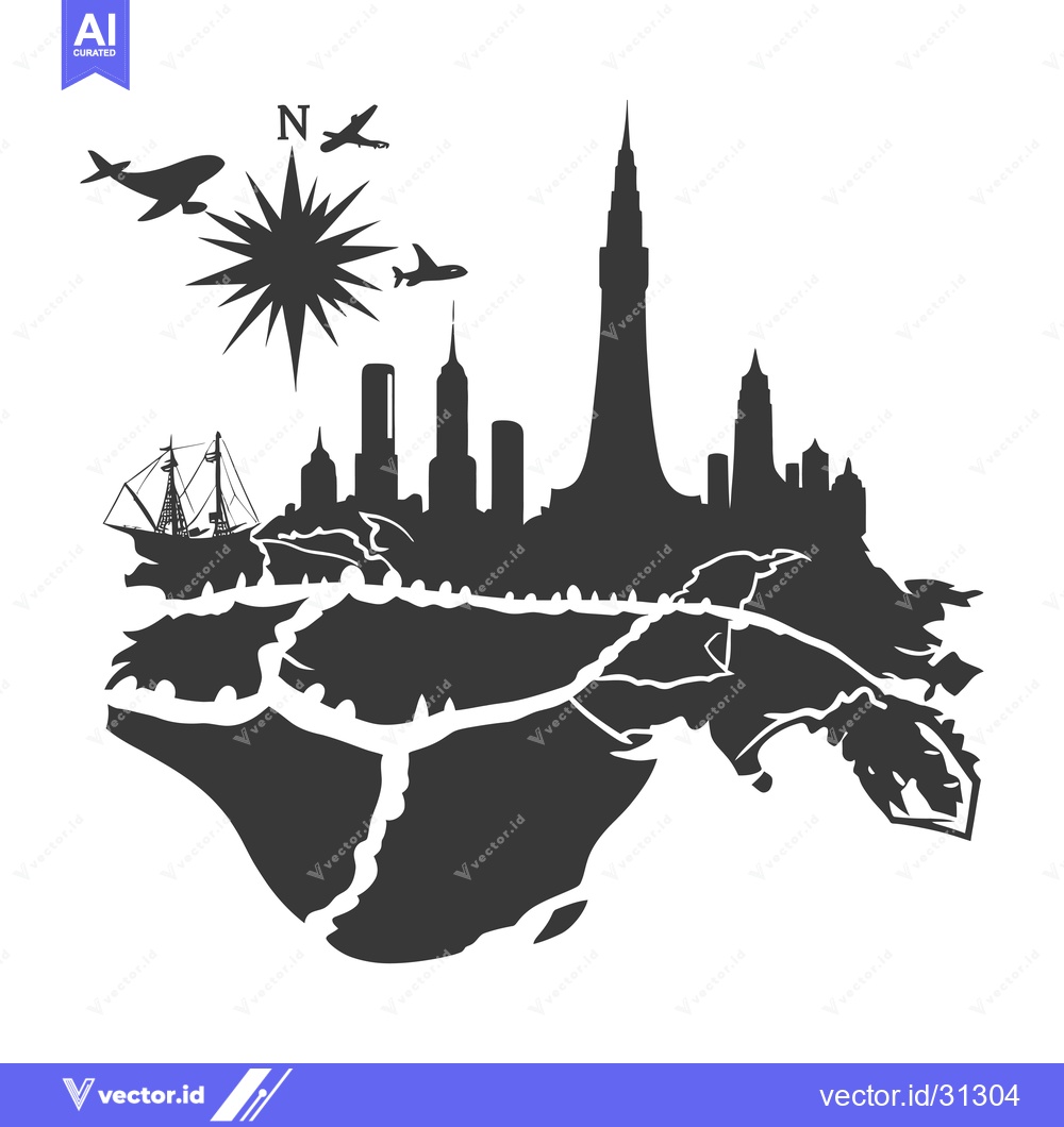 Premium Vector dari Cityscape with Compass Rose, Airplane Silhouettes, and Sailboat
