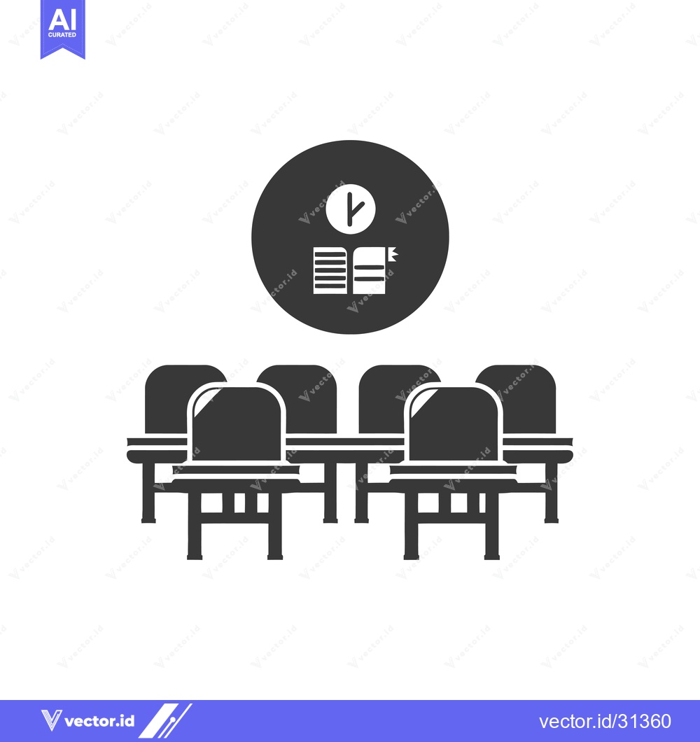 Premium Vector of Classroom with Chairs and a Book and Clock Icon Above