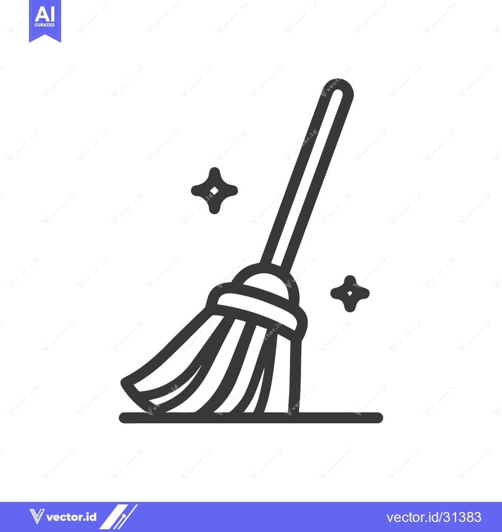 Premium Vector of Broom Icon with Sparkles: Minimalist Line Art for Cleaning Concepts