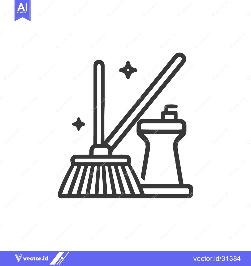 Premium Vector dari Minimalist Cleaning Icon: Broom, Detergent, and Sparkles in Outline St
