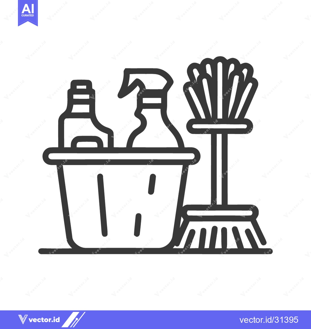 Premium Vector dari Cleaning Supplies Icon: Bucket, Bottles, and Brush in Bold Outline Sty