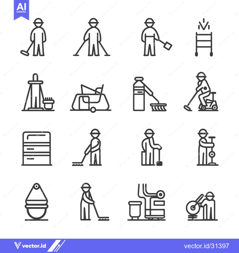 Premium Vector dari Cleaning Staff Icons with Equipment and Workers