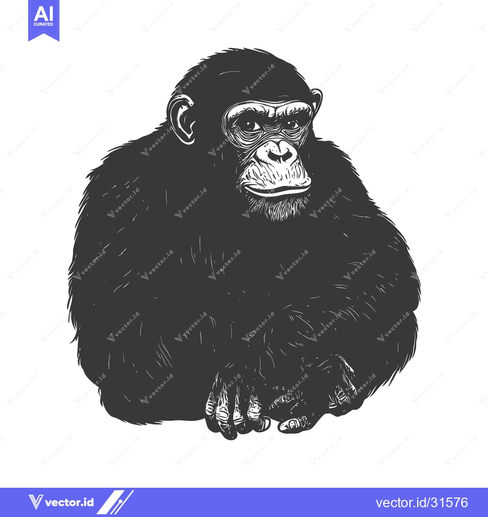 Premium Vector dari Close-up of a chimpanzee with fur and hands in a black and white illus