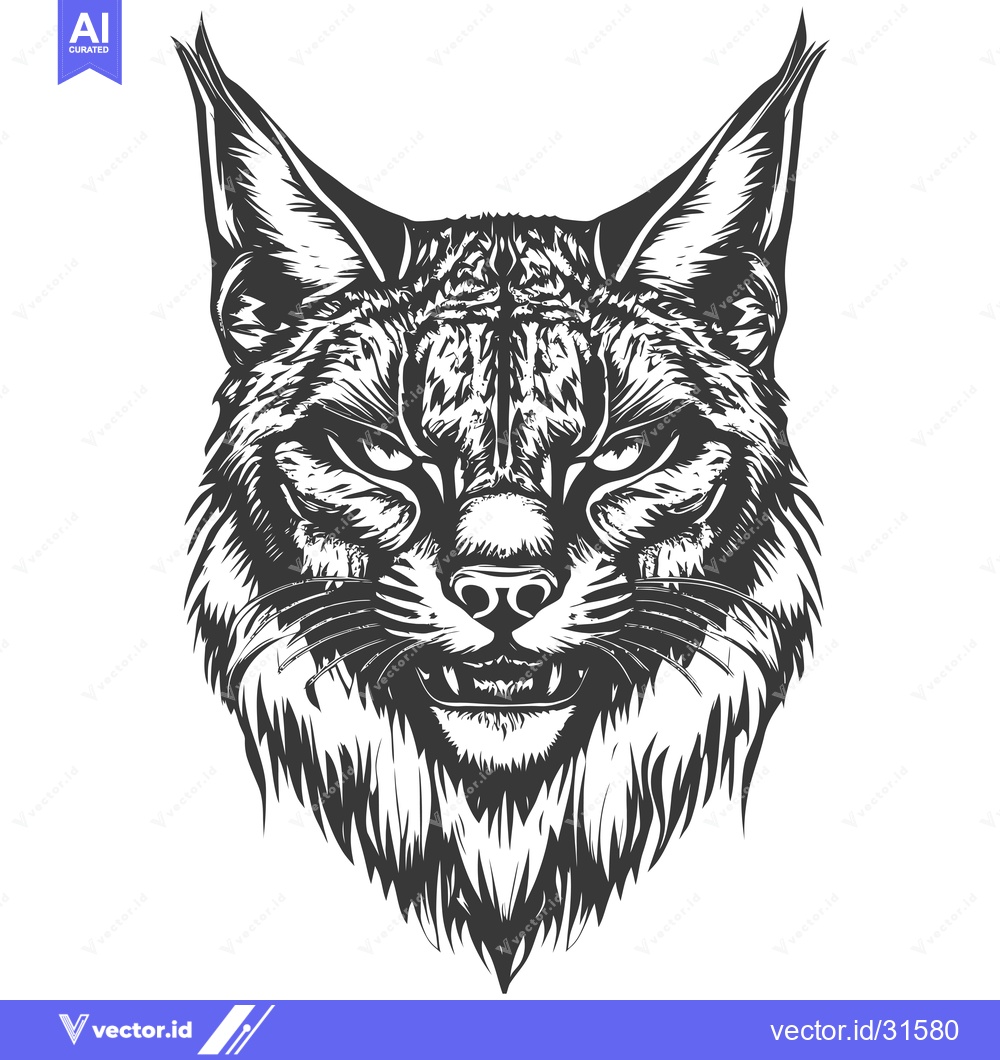 Premium Vector of Close-up of a Wildcat's Furious Face in Black and White Illustration