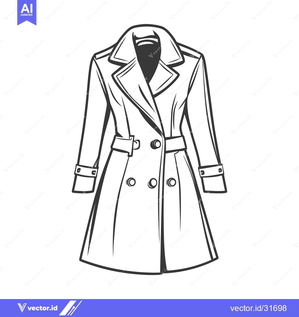 Premium Vector dari Detailed monochrome illustration depicting a stylish belted trench coa
