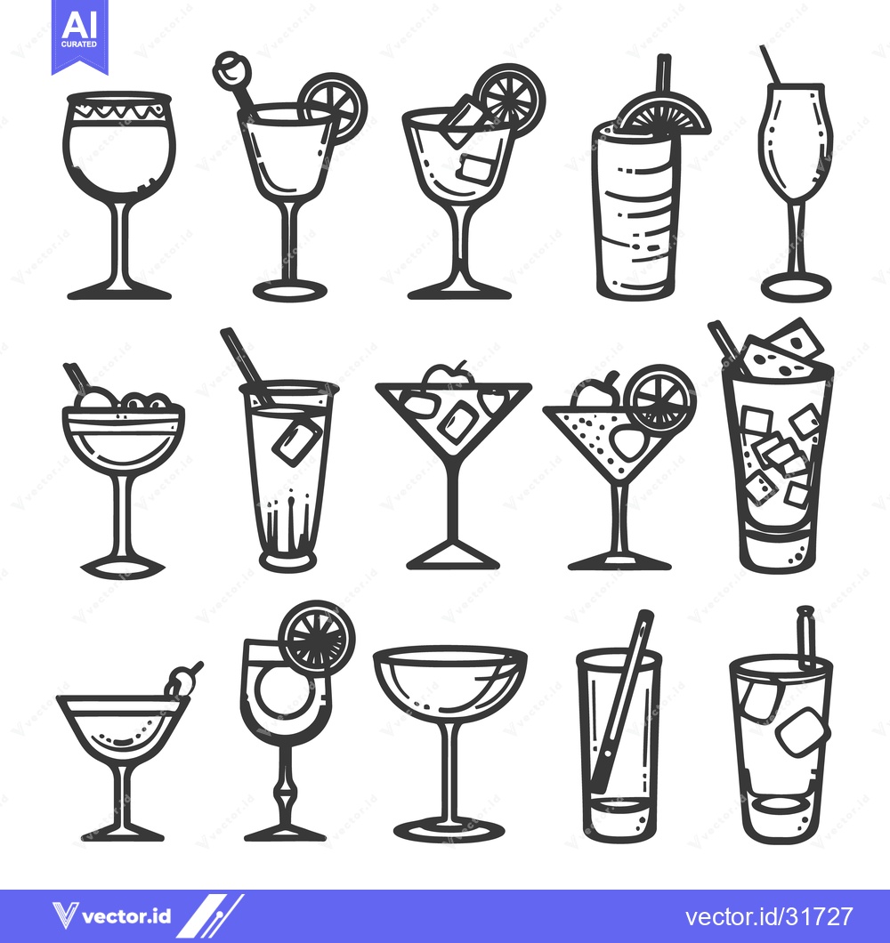 Premium Vector dari Diverse black and white illustrations of various beverage glasses