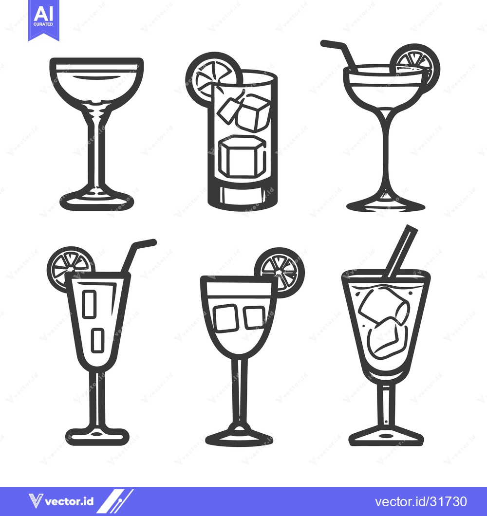 Premium Vector of Black and white illustrations of six different cocktail glasses