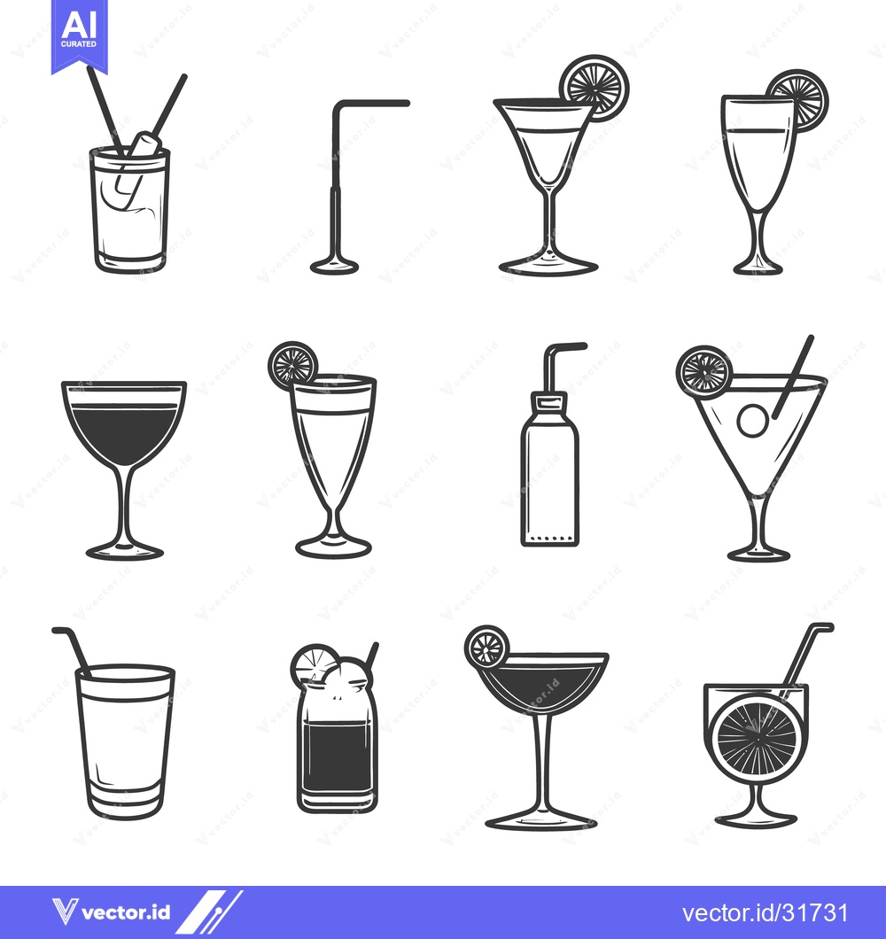 Premium Vector dari Various illustrated cocktails and drinks in black and white