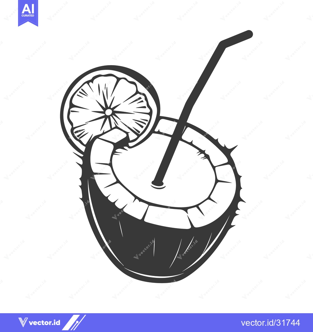 Premium Vector dari A refreshing coconut drink with a straw and citrus fruit slice
