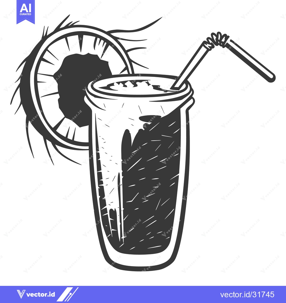 Premium Vector of A monochrome drawing depicts a coconut cocktail in a glass