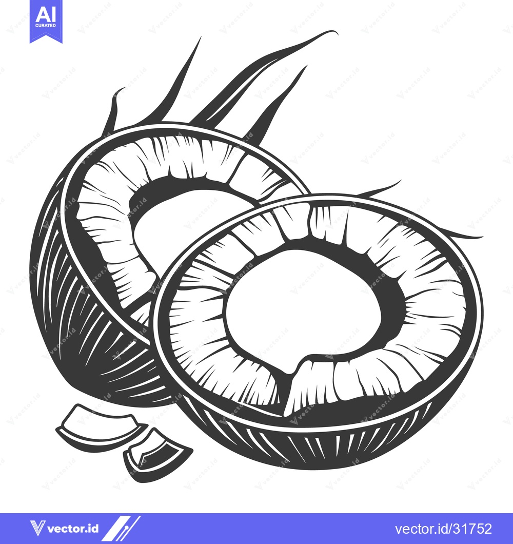 Premium Vector of A black and white illustration of sliced coconuts with leaves