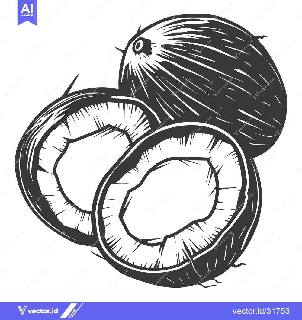 Premium Vector of Black and white illustration depicting whole and halved coconuts