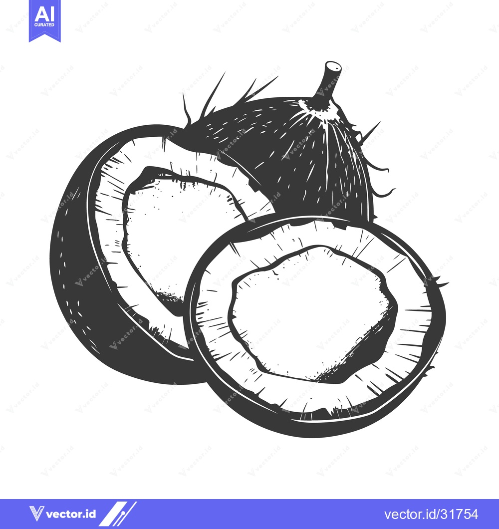 Premium Vector dari A detailed black and white drawing of two coconuts sliced open