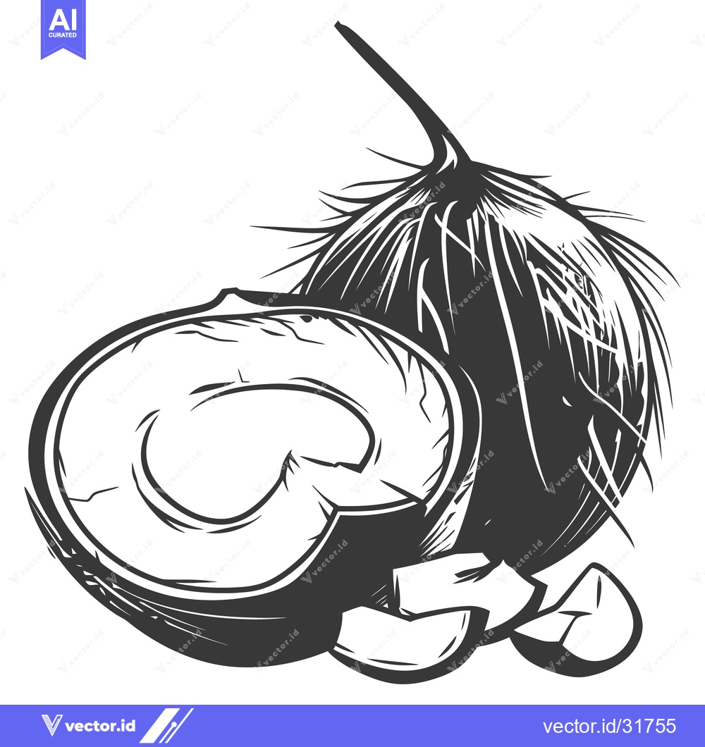 Premium Vector of A stylized black and white drawing of a coconut and its halves