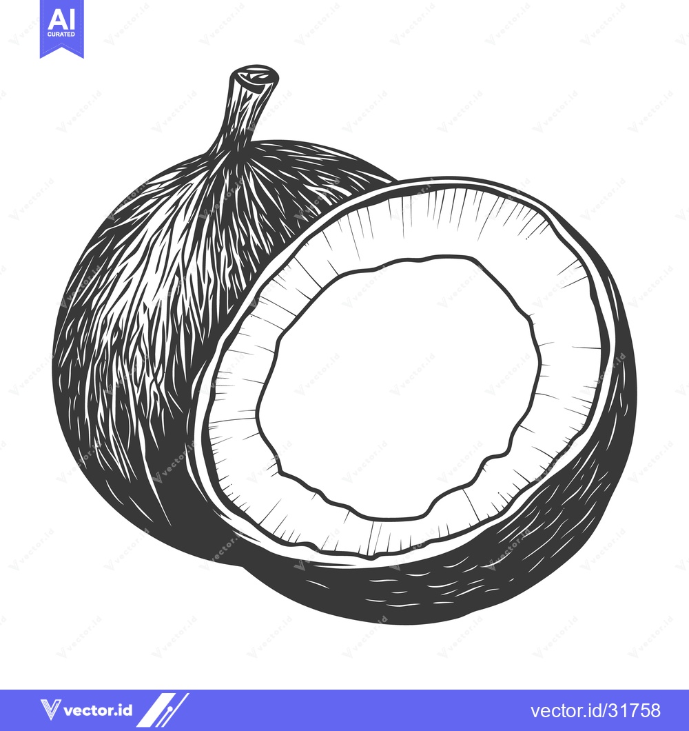 Premium Vector dari A detailed black and white image of a halved coconut