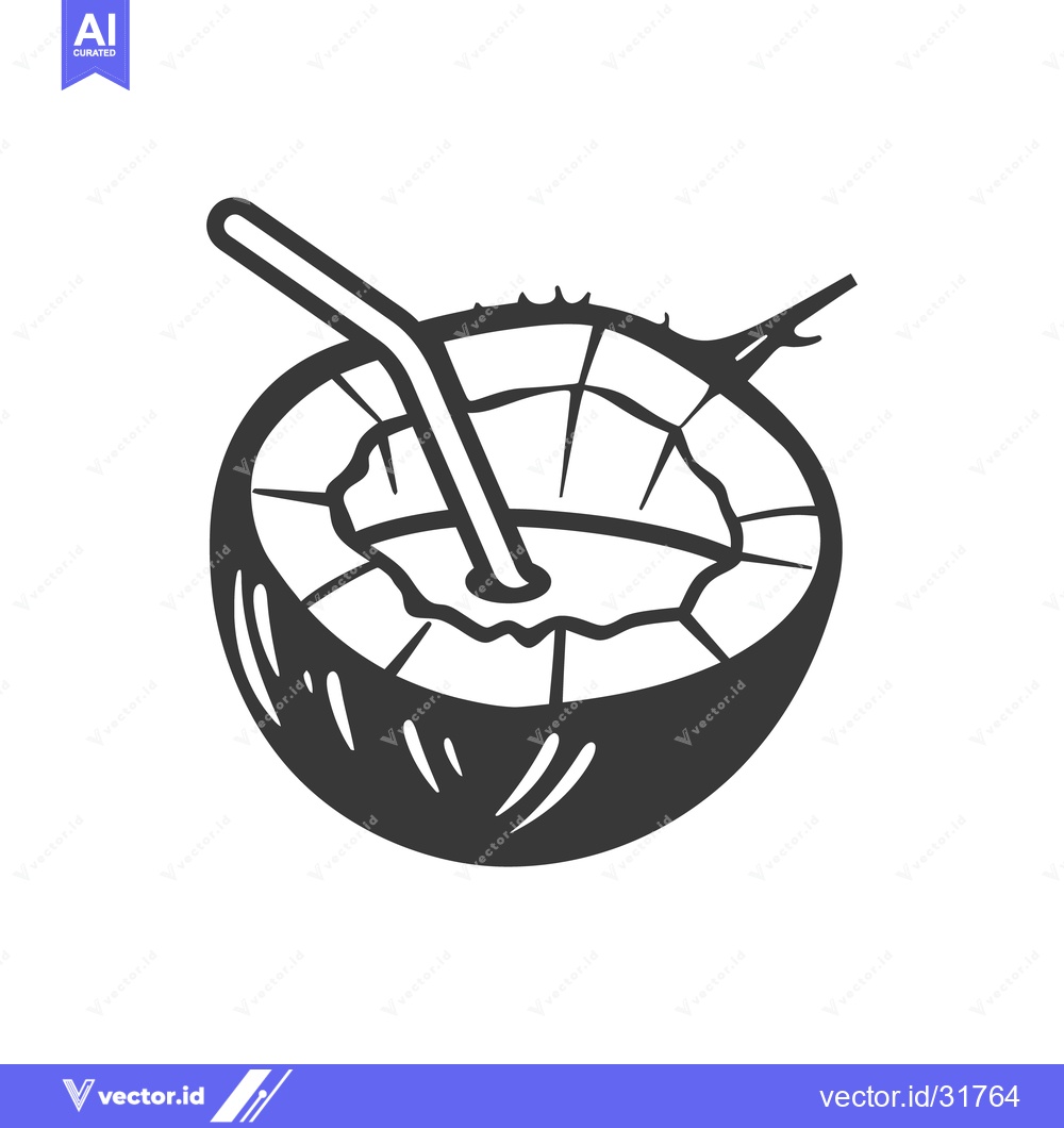 Premium Vector of A halved coconut with a straw ready for refreshing drinking