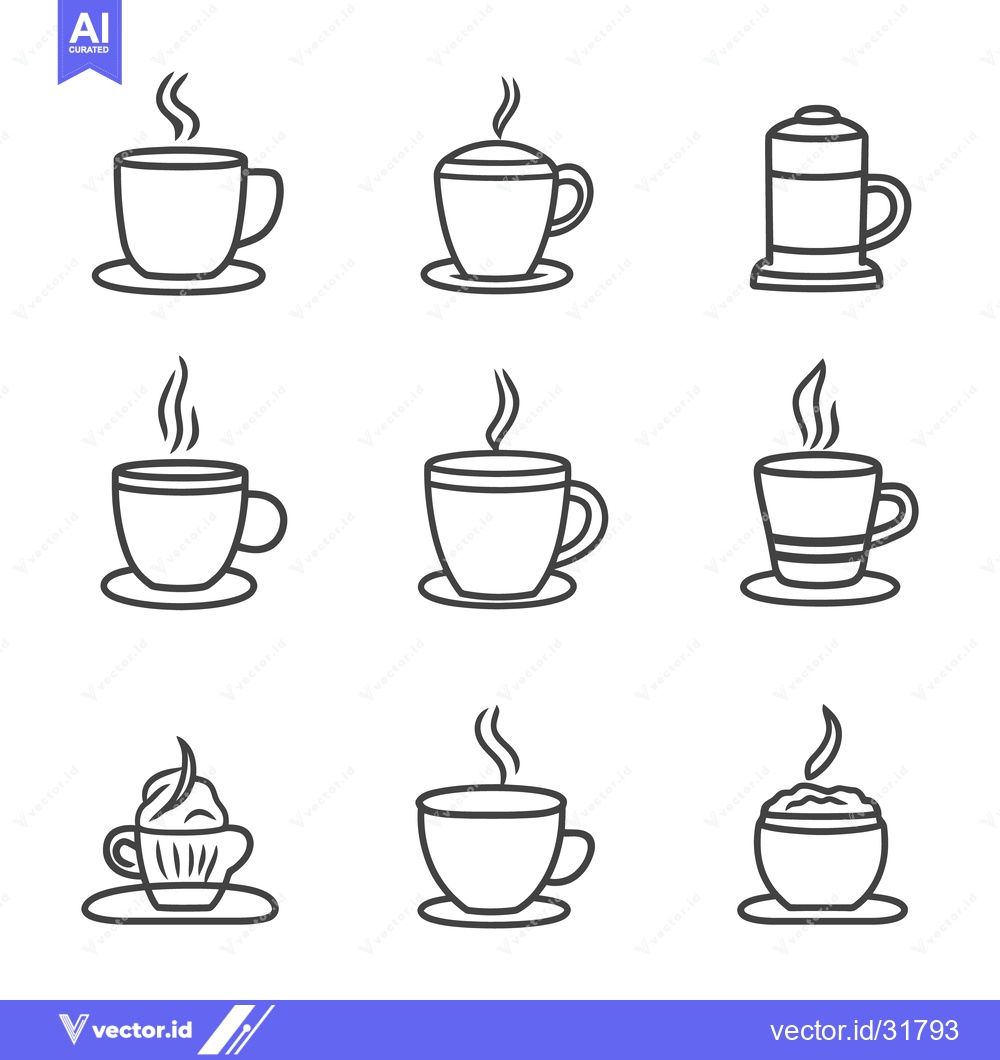 Premium Vector of Nine different stylized line art images featuring coffee cups